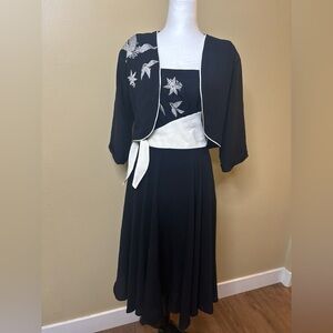 Vintage MAX and LULU Black and White Midi Dress with Embroidered Details